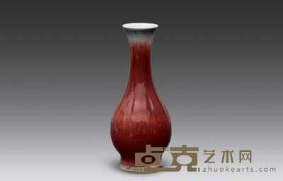 清代雍正 红釉直颈瓶 高24cm